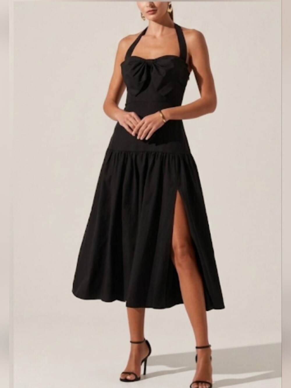 Astr Black Halter Midi Dress with Front Bow and Side Slit